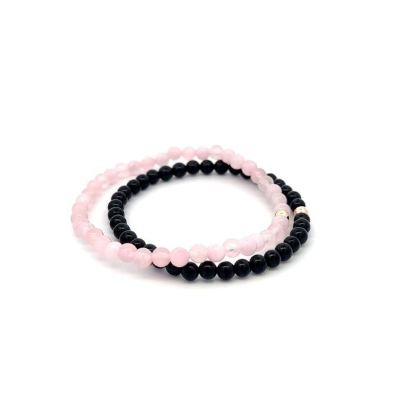 Onyx & Rose Quartz Gemstone Stretch Bracelet with 14K Gold Accent Bead Handmade - Picture 5 of 6